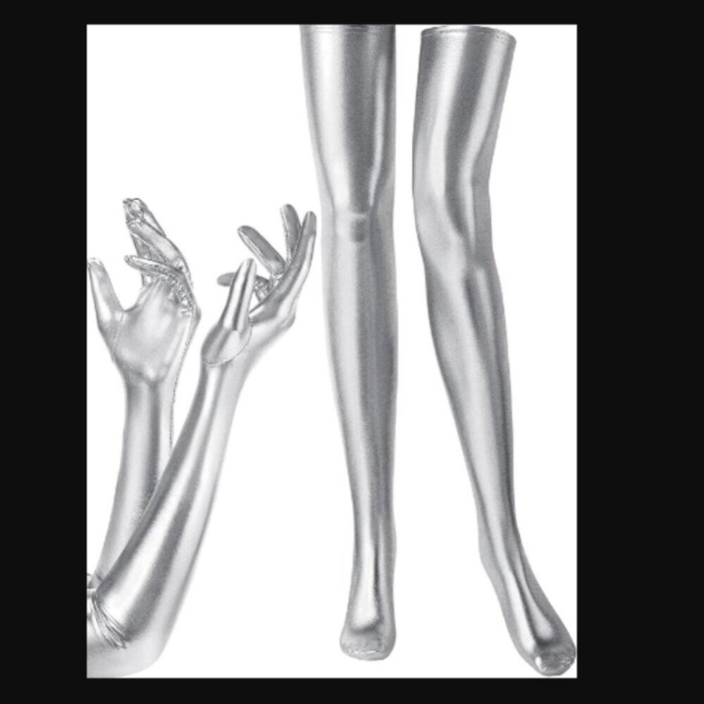 Elastic Spandex Shiny Wet Long Gloves and Thigh High Stockings